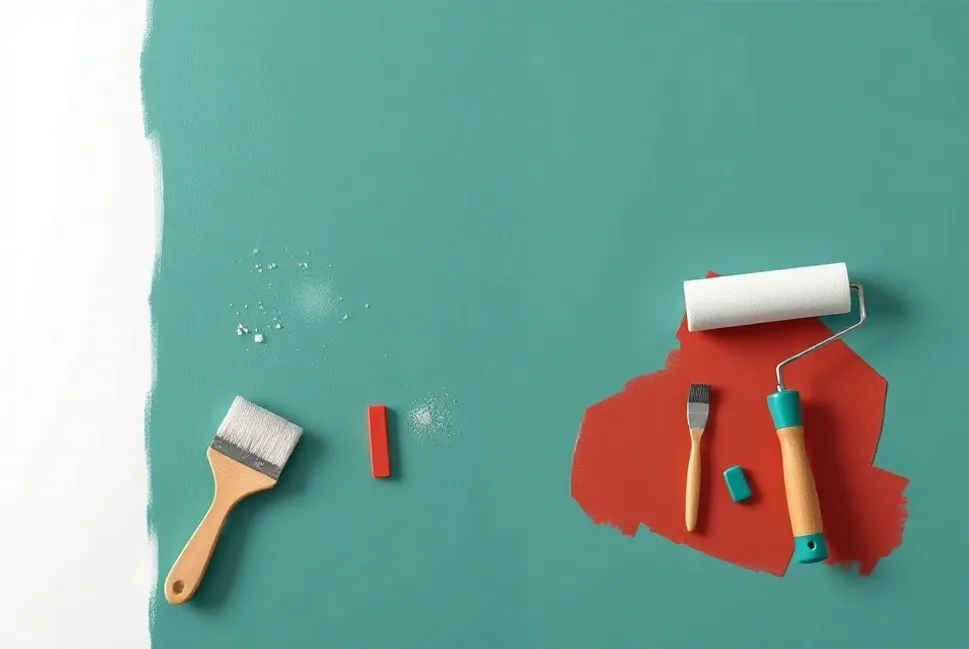Outils de peinture disposés dans l'ordre des étapes du chantier
