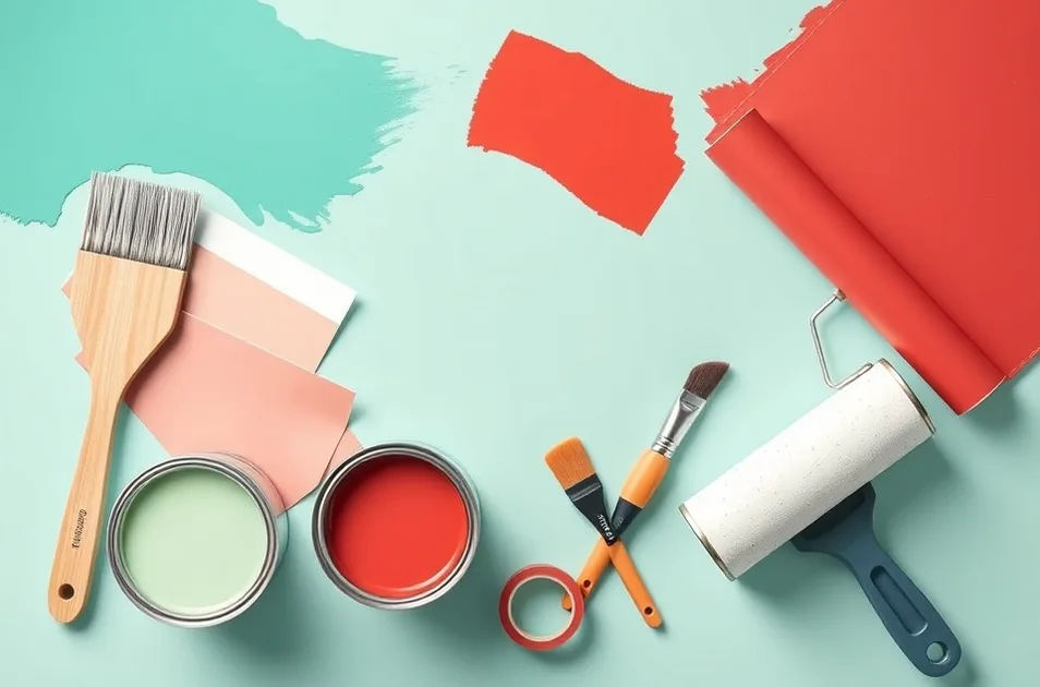 Pots de peinture, nuancier, brosses et rouleaux disposés à plat