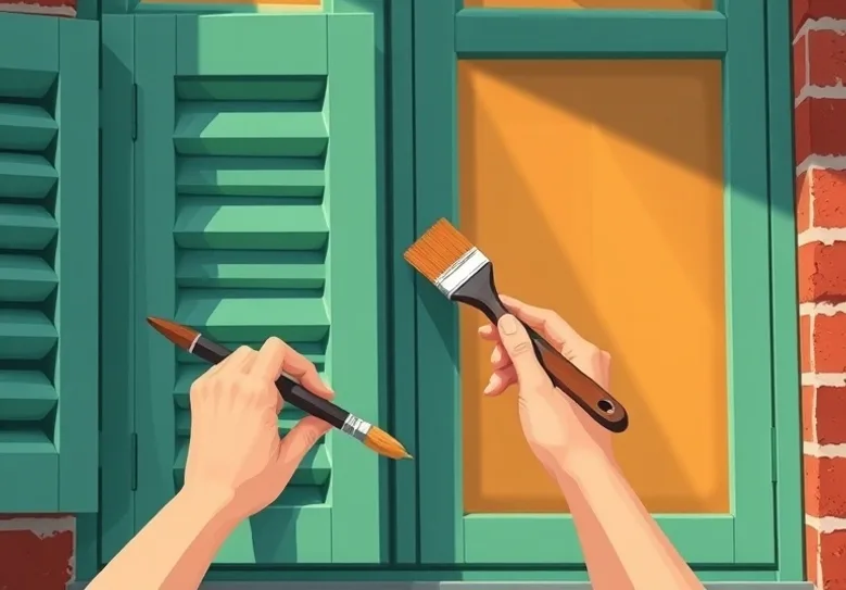 Mise en peinture au pinceau de volets et d'encadrements en bois