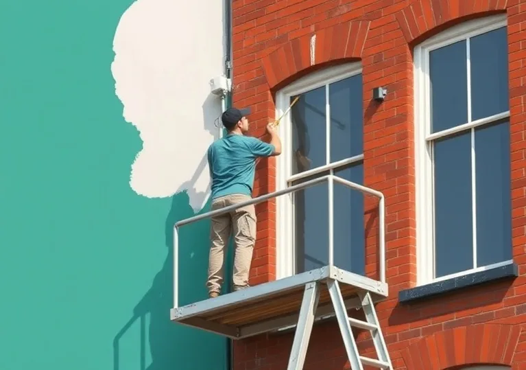 Peintre sur échafaudage traitant la façade d'une maison