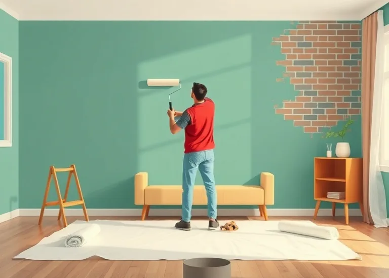 Peintre appliquant la peinture au rouleau sur un mur de salon